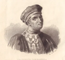 Retrato do líder militar italiano Francesco da Bussone, também conhecido como Carmagnola (1380-1432), gravura em cobre de E. Silvestri a partir de uma pintura