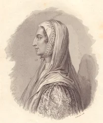 Retrato da fidalga italiana Beatrice Lascaris di Tenda (1372-1418), gravura em cobre de G Fusinati a partir de retrato publicado por Antonio Campo