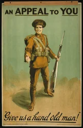 Cartaz de Recrutamento "Um Apelo a Você", Dê-nos uma mão velha! 1915 (lito a cores)