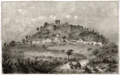 Ruínas do castelo de Preny, Lorraine. cerca de 1860 (Gravura)