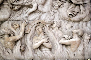 Basílica de Santa Maria delle Vigne. O Juízo Final, o inferno. A escultura. Génova. Itália.