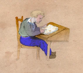 Estudante no trabalho em sua mesa. por volta de 1830 (ilustração)