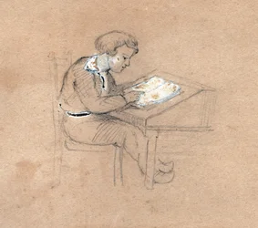 Estudante no trabalho em sua mesa. por volta de 1830 (ilustração)