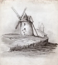 Moinho de vento na Normandia, França. por volta de 1830 (ilustração)