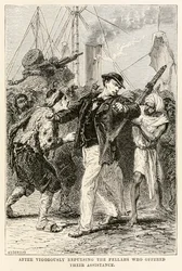 Depois de repelir vigorosamente os fellahs que ofereceram sua assistência, de Volta ao Mundo em Oitenta Dias, de Jules Verne (1828-1905), gravada por Henri-Théophile Hildebrand (1824-1897) 1873 (gravura