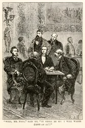 Bem, Sr. Fogg, ele disse: Será assim: eu irei apostar £ 4000 nele !!, de Volta ao Mundo em Oitenta Dias por Jules Verne (1828-1905), gravado por Louis Dumont (n.1822), 1873