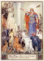 Então Frigga chamou a ela todos os animais, pássaros e cobras venenosas