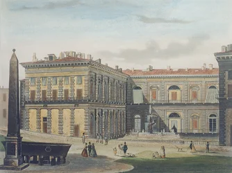 Pátio interno do Palazzo Pitti, Florença, gravado por Johann Falkeisen (1804-83) e colorido por L. Cherbuin, c.1842 (aquatint)