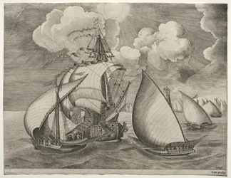 Navios à vela: uma frota de galés escoltados por uma caravela