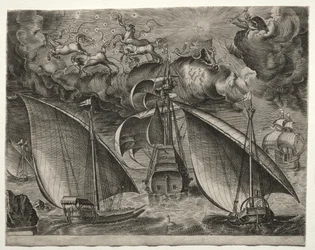 Navios à vela: duas galeras navegando atrás de um três-mestre armado com Phaeton e Júpiter no céu