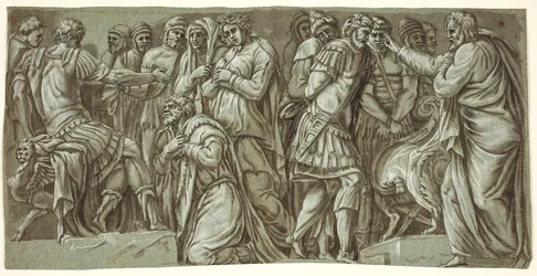 A família de Dario antes de Alexandre e uma cena com prisioneiros; da fachada do Palazzo Milesi