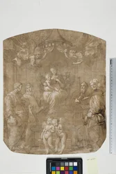 Madonna e Criança com São Pedro, Bernardo (ou Bruno), Tiago, Agostinho e quatro anjos, Madonna del Baldacchino
