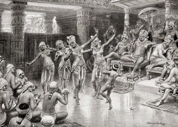 Uma impressão de artistas do século XIX de Gautamiputra Satakarani celebrando sua vitória sobre Nahapana, da Hutchinsons History of the Nations, pub.1915