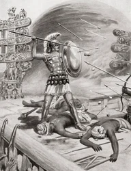Alexandre, o Grande, lutando contra os Assacani na cidade fortificada de Massaga, Índia, durante sua Campanha Indiana em 326 aC, de Hutchinsons História das Nações, pub.1915