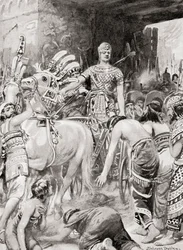 Psamtik I do Egito, entrando na cidade Azotus ou Ashdod, de Hutchinsons História das Nações, pub.1915