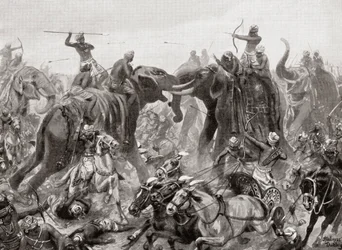 A derrota de Pulakeshin Chalukhya por Narasimhavarman I em Badami em 642 dC, de Hutchinsons História das Nações, pub.1915