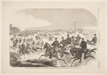 A cavalaria e artilharia da União começando em perseguição dos rebeldes até o Yorktown Turnpike