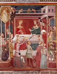 Como o Demônio pediu a Deus para experimentar Jó na época de seu próspero Fresco por Bartolo di Fredi (ou Manfredi De Battilori) (1330-1410) Collegiale de San Gimignano Itália