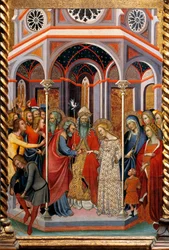 Casamento de Virgem, detalhe de Altarpiece mostrando Histórias de Virgem de Bartolo di Fredi (1330-1410)