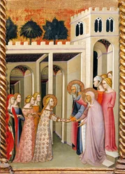 Virgem Maria com São Joaquim e Santa Ana, detalhe de Altarpiece mostrando Histórias de Virgem de Bartolo di Fredi (1330-1410)