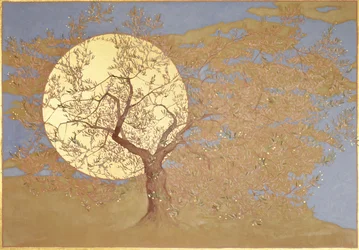 deus velho, 2018, óleo e folha de ouro em painel