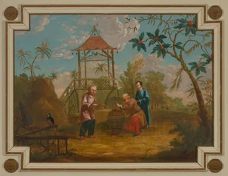 Neerlandês: Porta superior com três figuras à volta de uma gaiola de pássaros