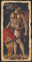 Neerlandês: Wildeman met wapen van de familie Chigi Homem selvagem segurando um escudo, virado para a direita