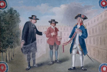 Aos três estados. Letreiro de um comerciante de cocardas no Palais-Royal. Palais-Royal, 1.º arrondissement, Paris