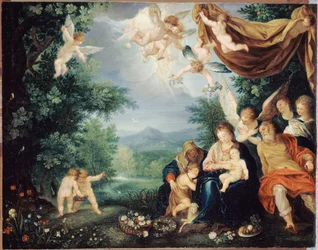 Francês: Le Repos de la Sainte Famille pendant la fuite en Égypte (A Sagrada Família em repouso durante a fuga para o Egito)