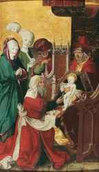 Alemão: Beschneidung Christi (Innenseite); Maria einer Heimsuchung (Außenseite) A circuncisão de Cristo