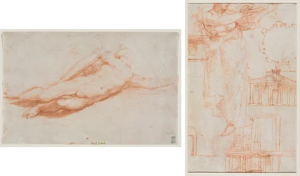 Estudo de um Soldado Caído (possivelmente a Conversão de Saulo) (reto); Uma figura feminina drapeada (possivelmente uma amazona) e estudos arquitetônicos (verso)