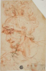 Busto de guerreiro com capacete de perfil