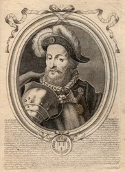 Retrato de Francisco I (1494 - 1547), Rei de França - Francisco I, Rei de França - gravura de "Les Augustes Representations de tous les Kings de France de Pharamond a LouisXIV", Paris