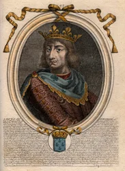 Retrato de Saint Louis (Saint-Louis, Louis IX (1214-1270) - Saint Louis IX (1214-1270) rei da França - gravura de "Les Augustes Representations of all the Kings of France from Pharamond to LouisXIV", Paris
