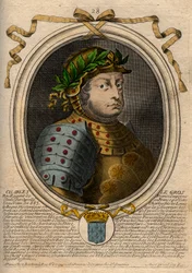 Dinastia Carolíngia: Retrato de Carlos III Le Gros (839-888) Rei dos Francos - Carlos III o Gordo - gravura de 