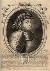 Dinastia Carolíngia: Retrato de Carlos III Le Gros (839-888) Rei dos Francos - Carlos III o Gordo - gravura de 