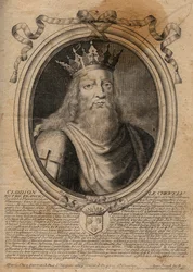 Clódio, chamado «o Cabeludo» (428-448), antepassado dos merovíngios e chefe dos francos sálios. Gravura de «Augustas representações de todos os reis de França desde Faramundo».
