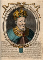Retrato de Carlos II o Careca (823-877), Rei de França - Carlos II (823-877) o Careca - gravura de 