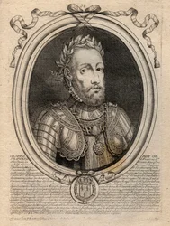 Retrato de Henrique II (1519 - 1559) Rei de França - Henrique II (1519-59), Rei de França - gravura de "Les Augustes Representações de todos os Reis de França de Pharamond a LouisXIV", Paris
