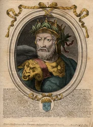 Retrato de Merovee ou Merovech, rei dos francos (v448-v458), primeiro rei da raça Merovíngia - Retrato de Merovech (Meroveus) (d456) Rei dos francos salianos - gravura de 
