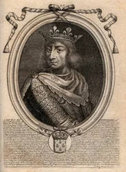 Retrato de Saint Louis (Saint-Louis, Louis IX (1214-1270) - Saint Louis IX (1214-70) rei da França - gravura de "Les Augustes Representations of all the Kings of France from Pharamond to LouisXIV", Paris
