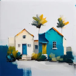 Pintura a óleo abstrata minimalista de casas de campo coloridas, Arte de parede | Impressões em tela