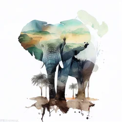 Pintura a aguarela de elefante e savana africana, impressões murais