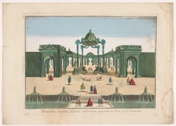 Vista da pérgula e das fontes de um jardim pertencente ao Rei da Dinamarca
Prospectus superbi aedifitii salientium aquarum in hortis regis Danorum (título sobre o objecto)