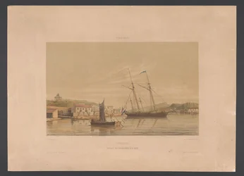 Porto de Willemstad Curaçao. Ancoradouro de navios de guerra no porto (título no objeto) Índias Ocidentais (título da série no objeto) Vistas das Índias Ocidentais da Holanda (título da série)