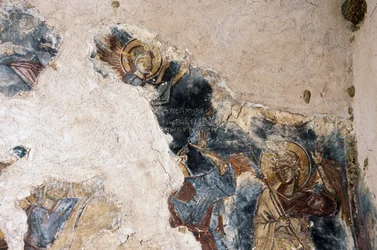 Anjo e santo, detalhe do afresco na igreja de Agios Georgios Apodoulou, Apodoulou, Creta, Grécia (foto)