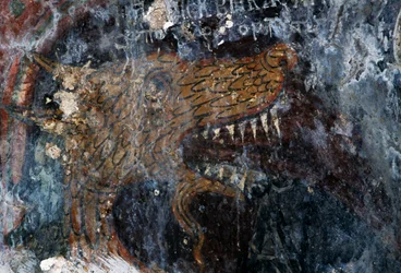 Ave, detalhe do castigo dos condenados na igreja de Agia Paraskevi, Voutas, Creta, Grécia (foto)