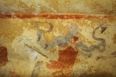 Demónio Azul com cobras, fresco, Túmulo dos Demónios Azuis, Necrópole de Tarquinia (UNESCO World Heritage List, 2004), Lazio, Itália. Civilização etrusca, século V a.C. (foto)