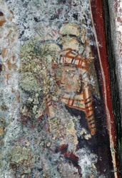 Figura masculina com touca, afresco danificado na igreja de Metamorfose Sotiros, Voutas, Creta, Grécia (foto)
