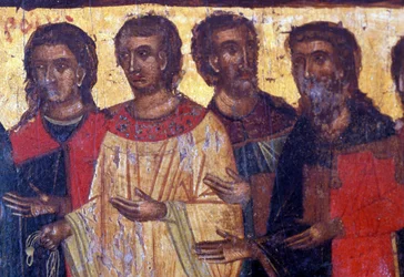 Figuras masculinas, painel de madeira na igreja bizantina de Palea Roumata, Creta, Grécia (foto)